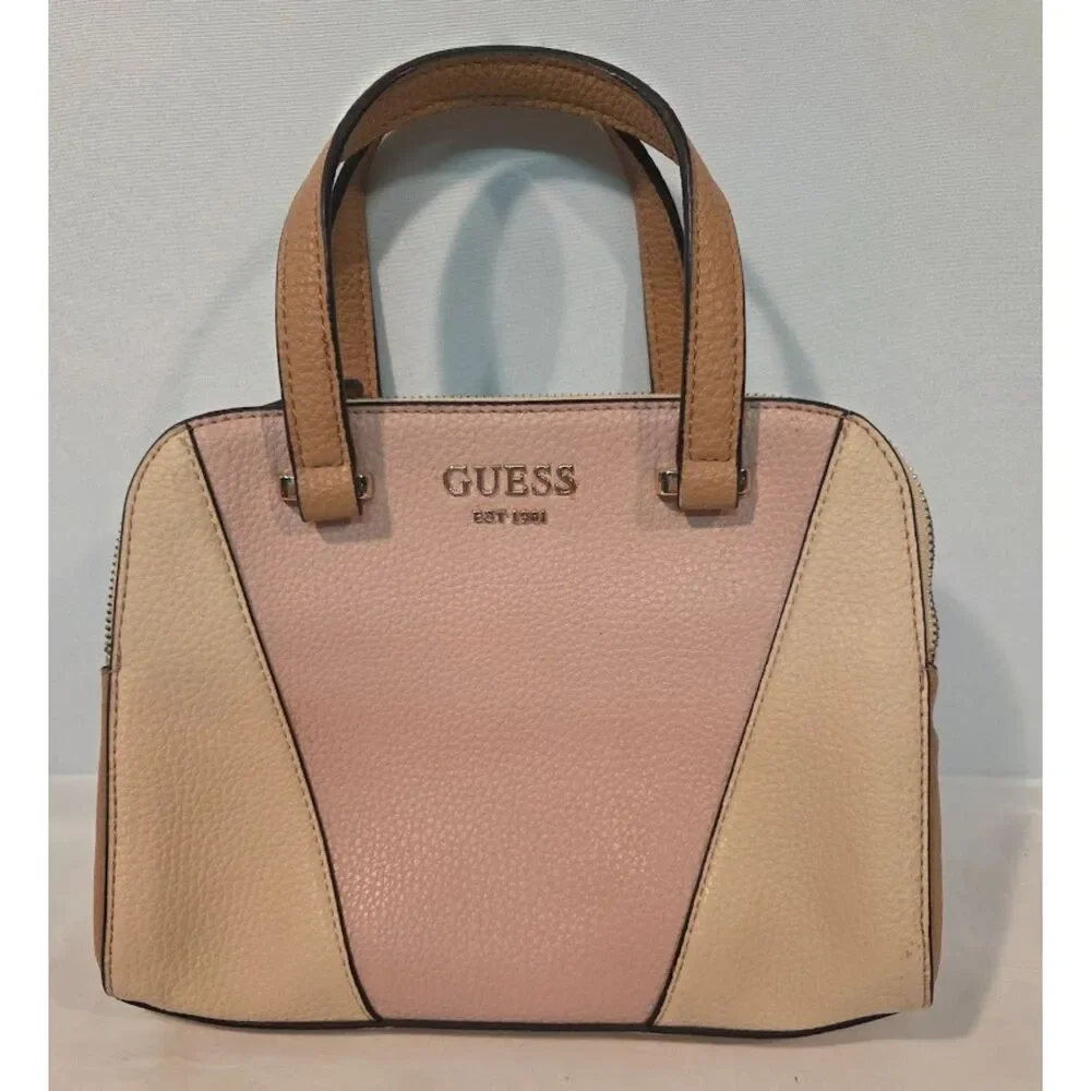 Guess Satchel Handbag Pink Beige Colorblock Purse Top Handle